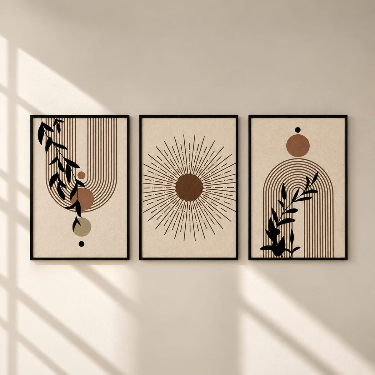 Boho Botanical Sunburst Wall Art Set of 3 | Framed Canvas Prints | Modern Abstract Neutral Beige Wall Decor | 30 × 40 cm (12 × 16 in)