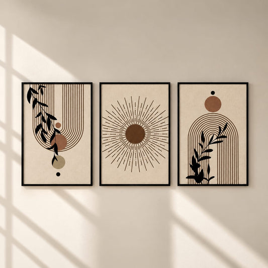 Boho Botanical Sunburst Wall Art Set of 3 | Framed Canvas Prints | Modern Abstract Neutral Beige Wall Decor | 30 × 40 cm (12 × 16 in)