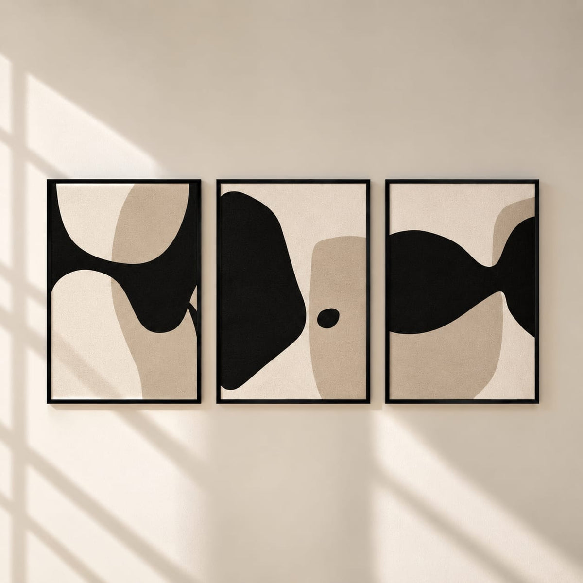 Modern Abstract Black & Beige Wall Art Set of 3 | Minimalist Framed Canvas Prints | Contemporary Neutral Wall Decor | 30 × 40 cm (12 × 16 in)