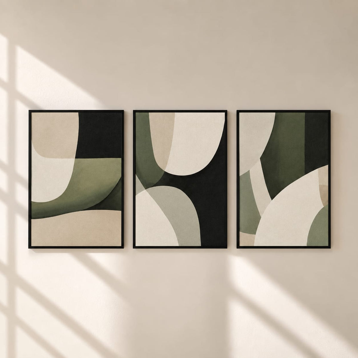 Modern Abstract Green & Black Wall Art Set of 3 | Minimalist Framed Canvas Prints | Sage Green Contemporary Wall Decor | 30 × 40 cm (12 × 16 in)