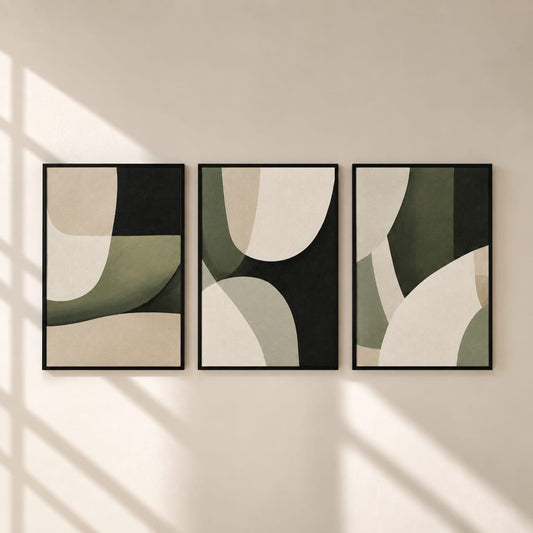 Modern Abstract Green & Black Wall Art Set of 3 | Minimalist Framed Canvas Prints | Sage Green Contemporary Wall Decor | 30 × 40 cm (12 × 16 in)