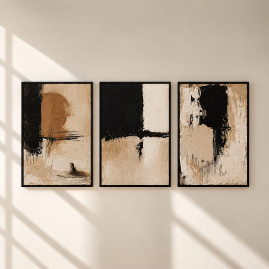 Modern Abstract Black Beige Wall Art Set of 3 | Minimalist Framed Canvas Prints | Neutral Contemporary Wall Decor | 30 × 40 cm (12 × 16 in)