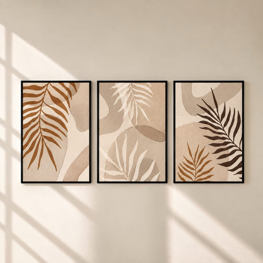 Boho Botanical Palm Leaf Wall Art Set of 3 | Framed Canvas Prints | Neutral Beige Tropical Wall Decor | 30 × 40 cm (12 × 16 in)