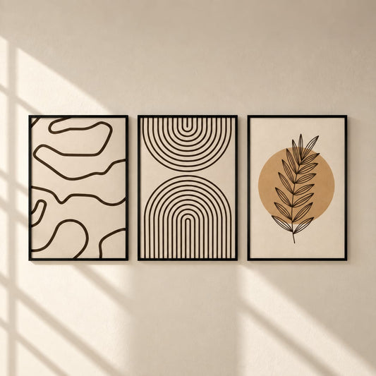 Modern Boho Abstract Line Art Wall Art Set of 3 | Framed Canvas Prints | Neutral Beige Botanical Wall Decor | 30 × 40 cm (12 × 16 in)