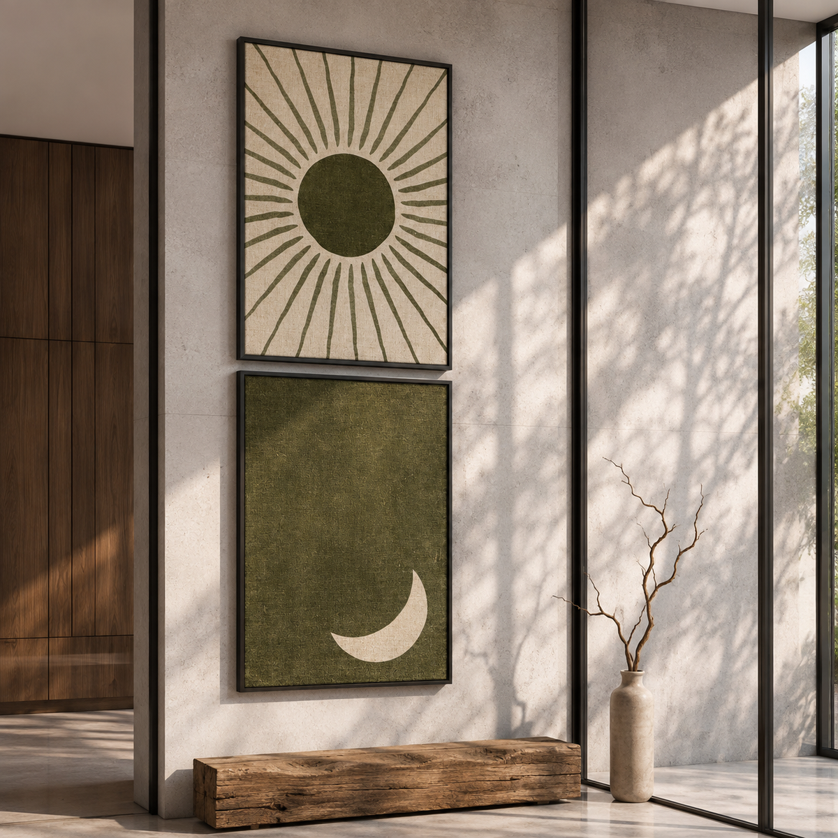 Sun & Moon Wall Art Set of 2 – 30 × 40 cm Each – Olive Green Framed Prints