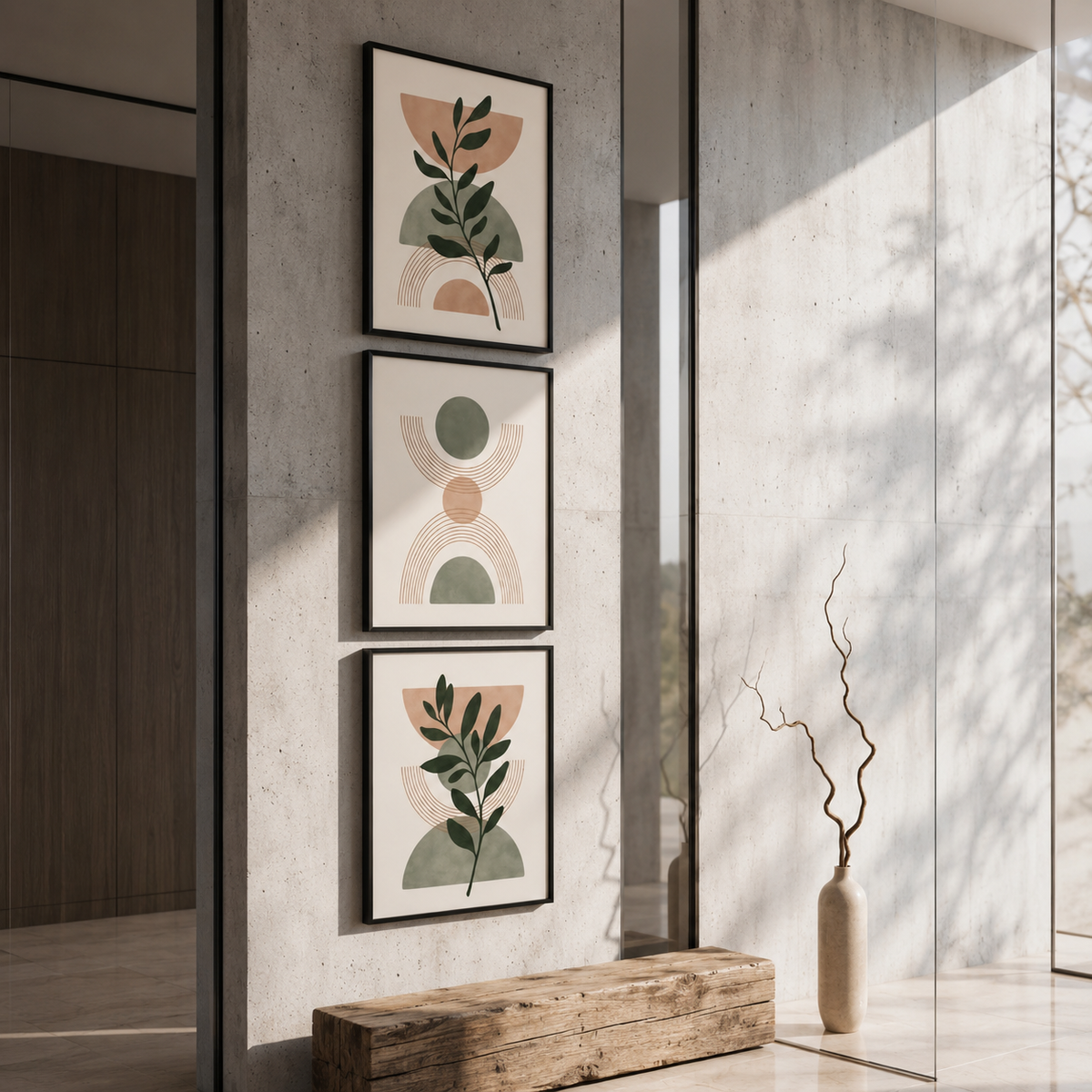 Boho Botanical Wall Art Set of 3 – Framed Canvas Prints | Neutral Beige Abstract Wall Decor | 30 × 40 cm