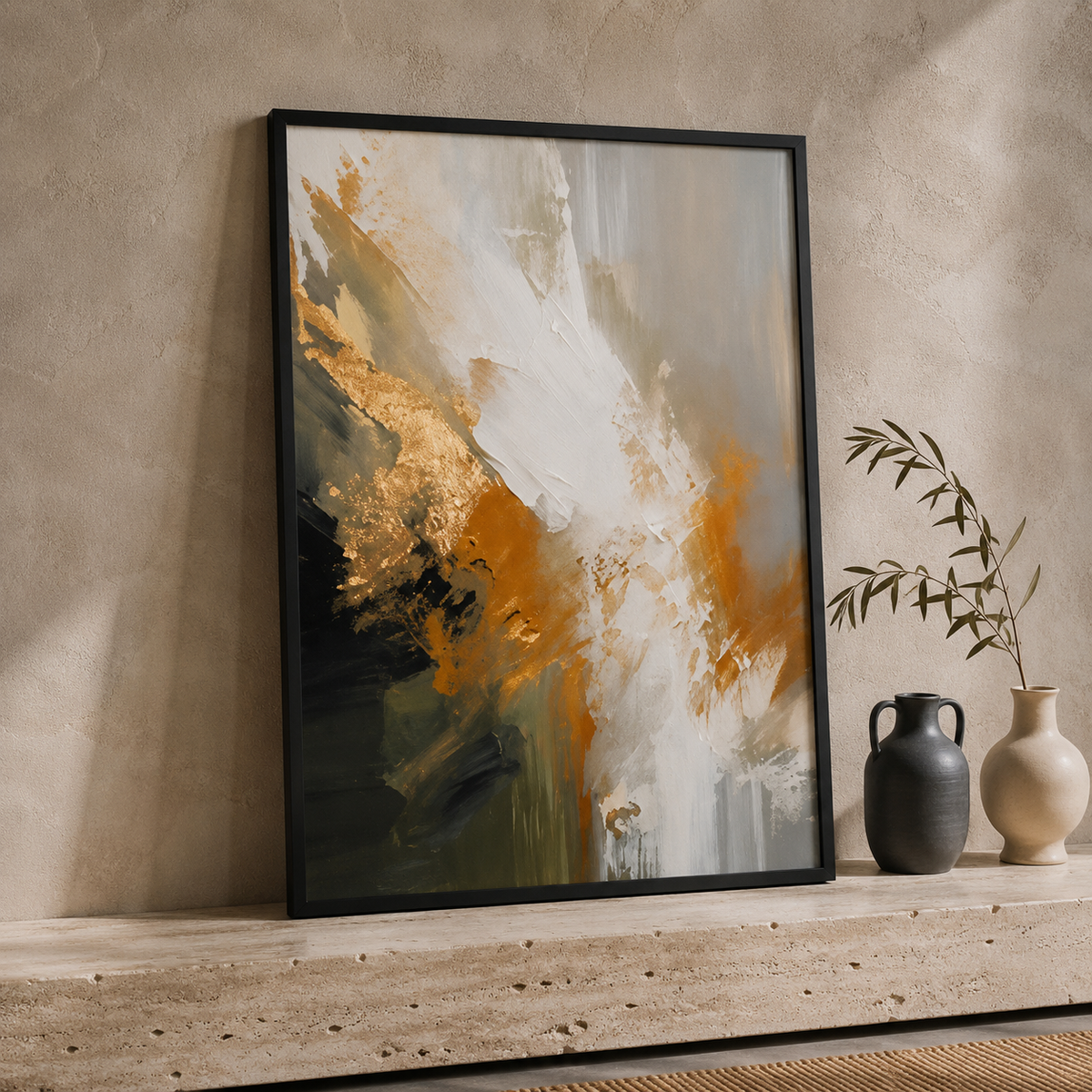 Green & Gold Abstract Wall Art Set of 3 – Framed Modern Canvas Prints, 30 × 40 cm