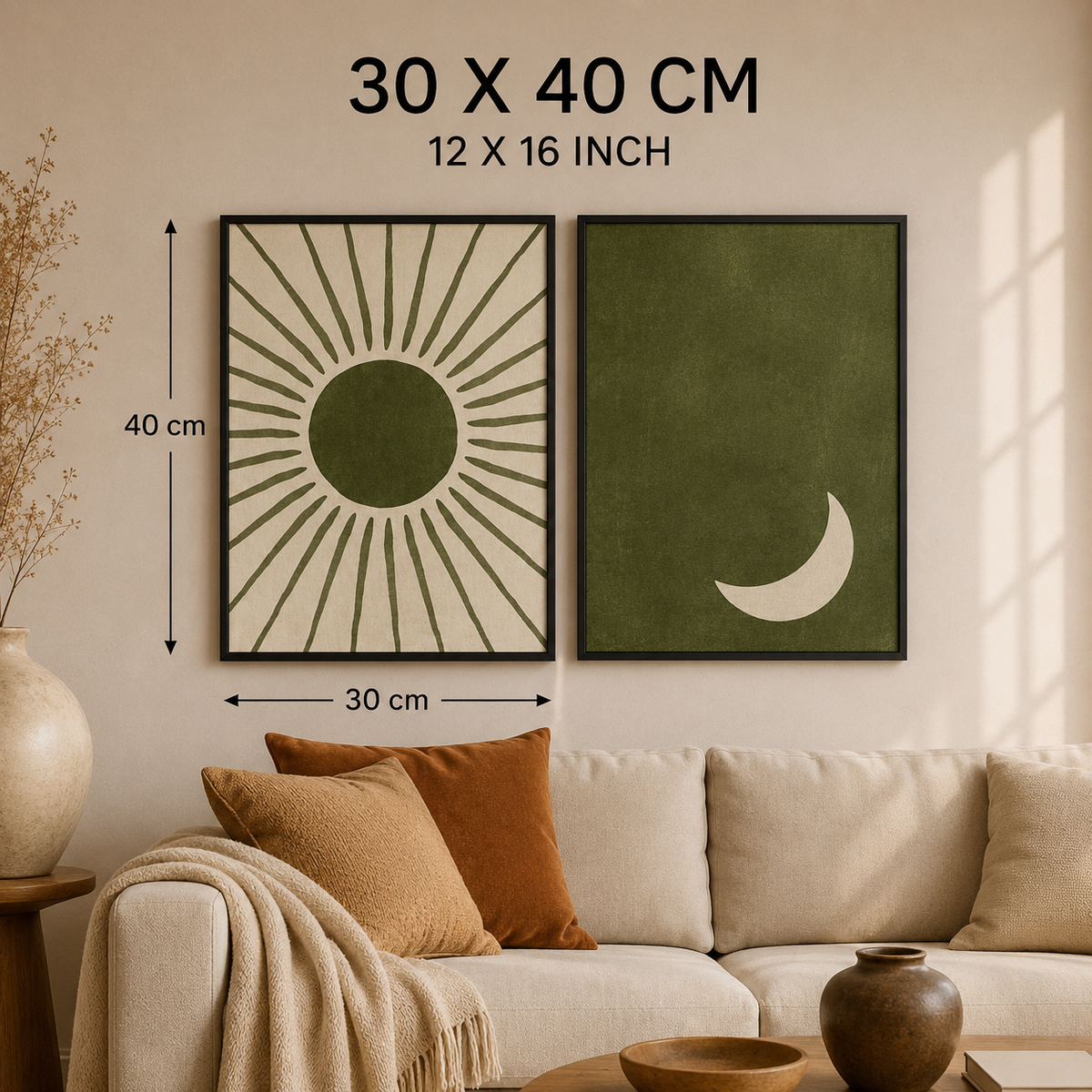 Sun & Moon Wall Art Set of 2 – 30 × 40 cm Each – Olive Green Framed Prints