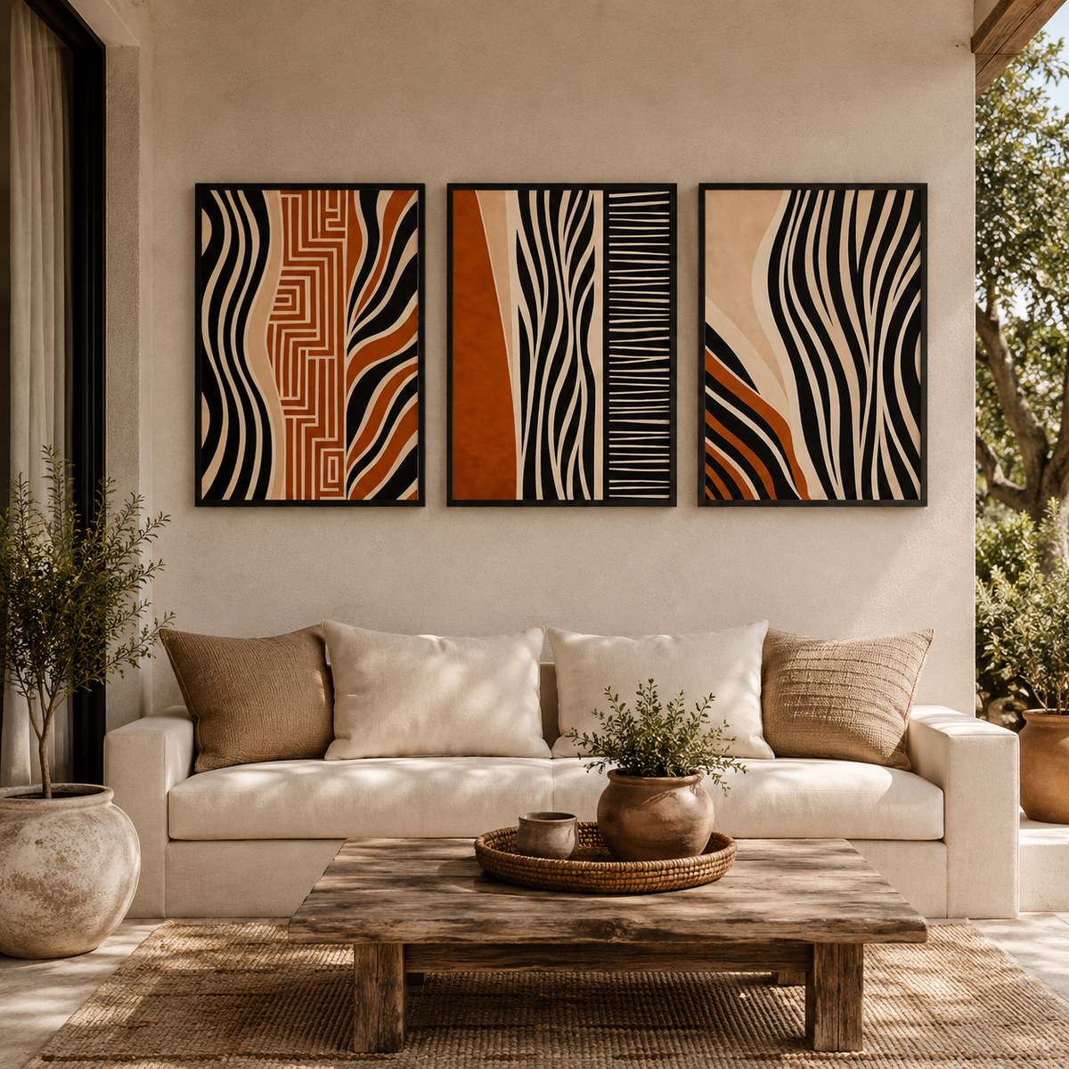 3-Piece Abstract Wall Art Set 30×40 cm – Modern Black, Terracotta & Beige