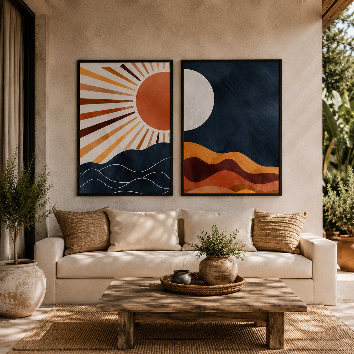 Abstract Sun & Moon Wall Art Set of 2 – 30 × 40 cm Each