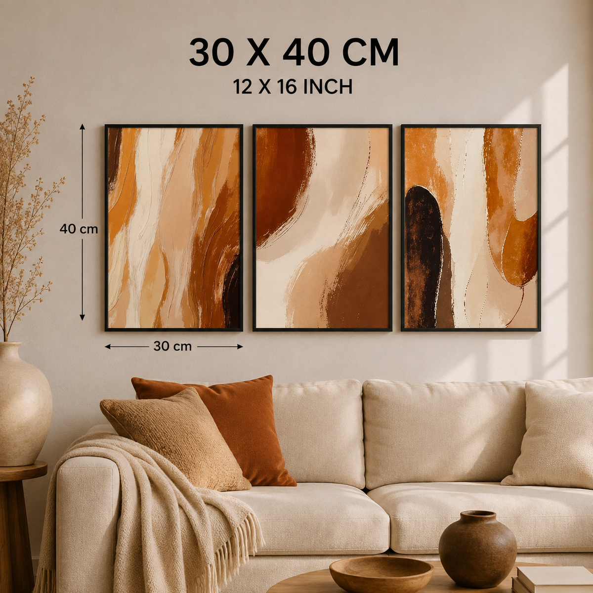 30 × 40 cm Terracotta Abstract Wall Art Set of 3 – Framed Modern Artwork