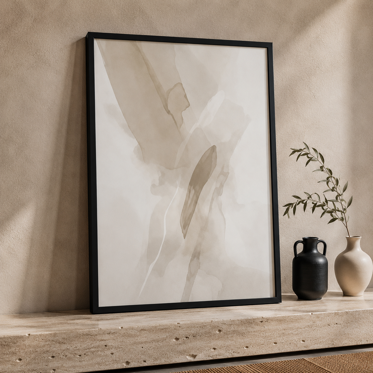 Neutral Abstract Wall Art Set of 3 – Framed Beige Watercolour Prints – 30 × 40 cm Each