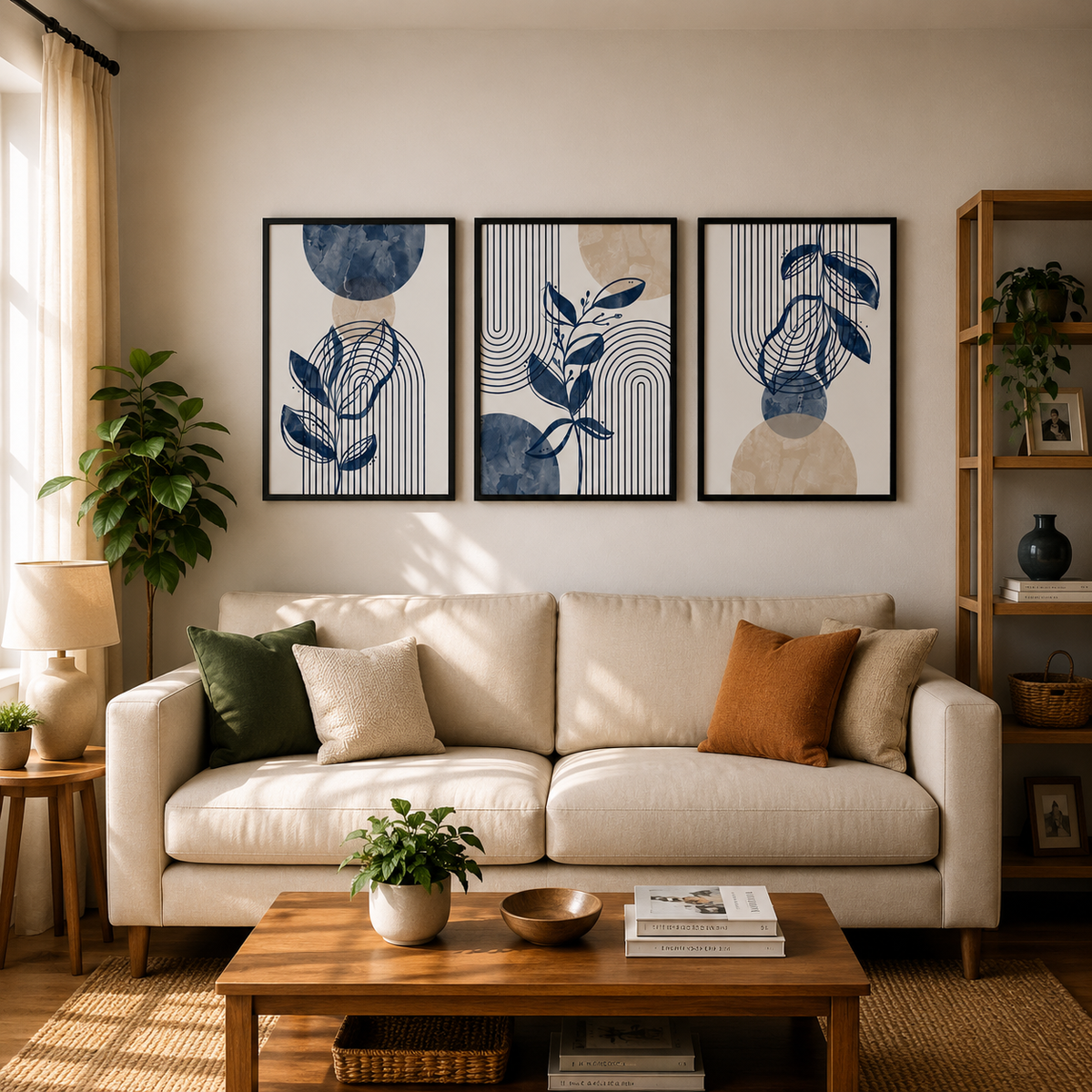 3-Piece Framed Abstract Botanical Wall Art Set – Navy Blue & Beige – 30 × 40 cm