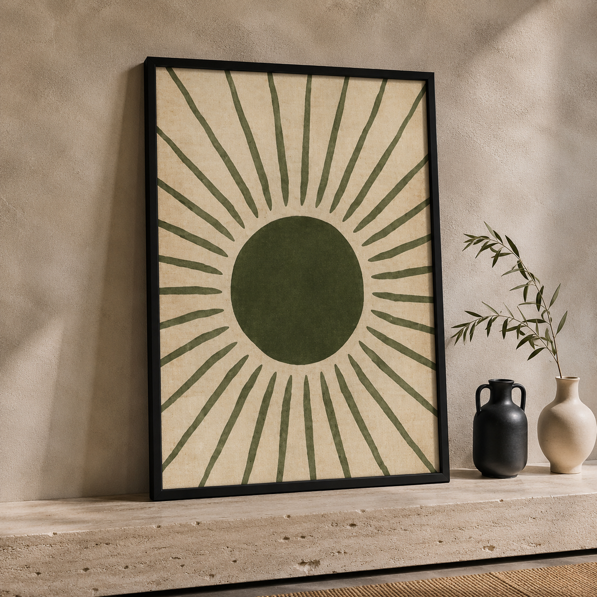 Sun & Moon Wall Art Set of 2 – 30 × 40 cm Each – Olive Green Framed Prints
