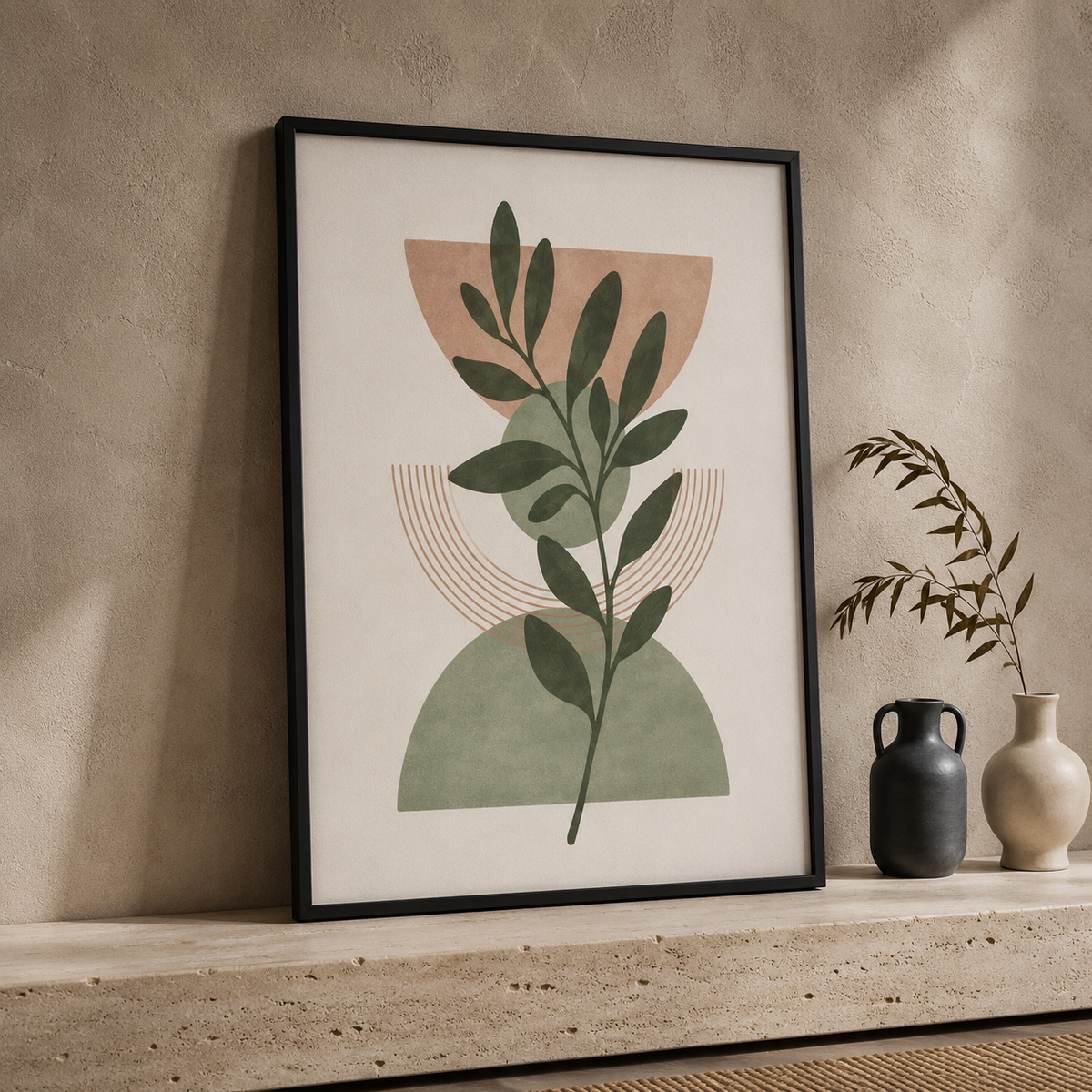 Boho Botanical Wall Art Set of 3 – Framed Canvas Prints | Neutral Beige Abstract Wall Decor | 30 × 40 cm