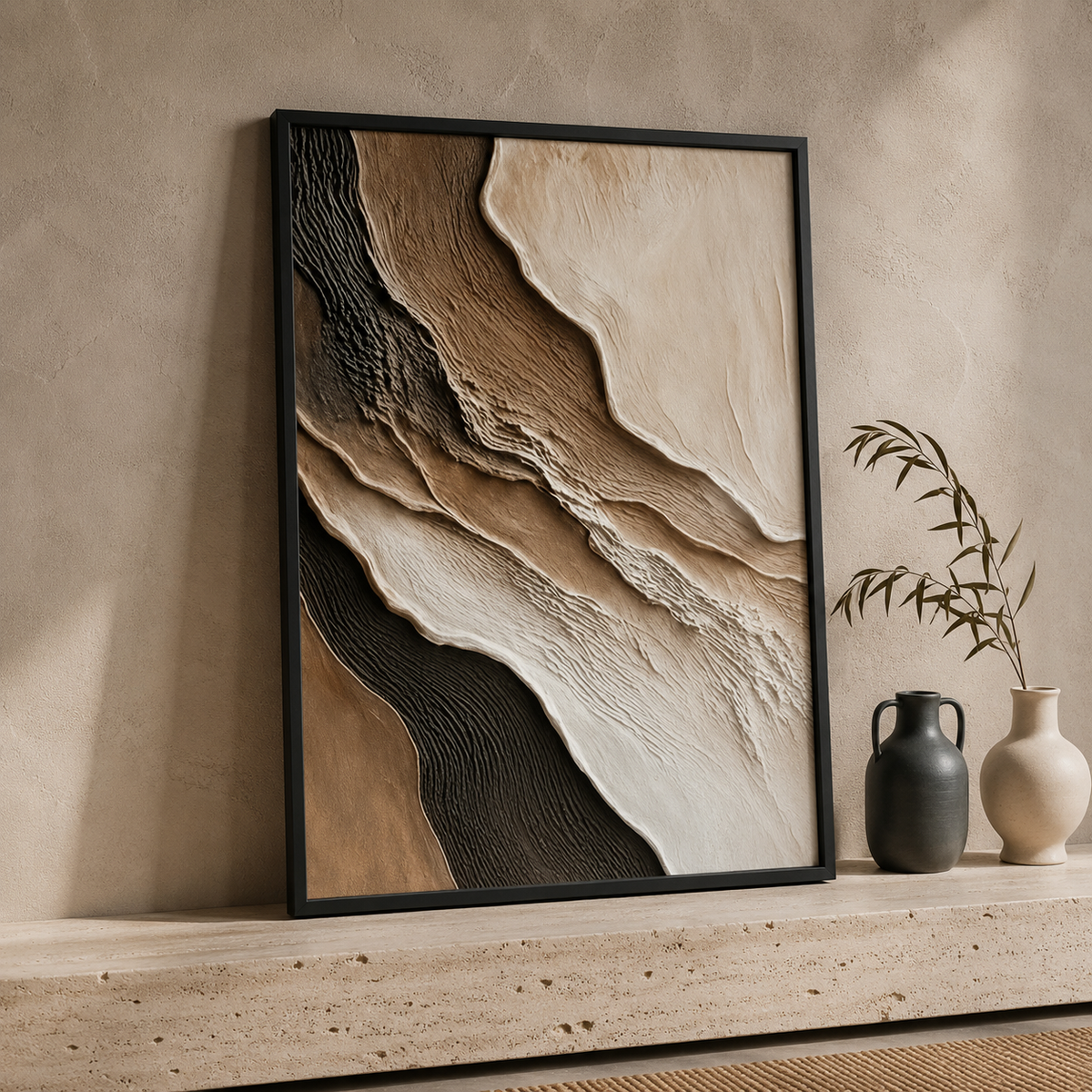 Abstract Neutral Wall Art Set of 3 – Framed Canvas Prints | Organic Earth-Tone Textured Artwork | 30 × 40 cm