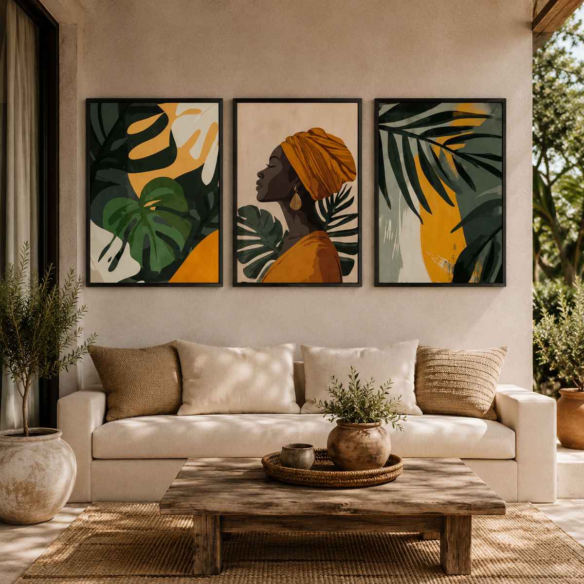 Black Woman & Botanical Wall Art Set of 3 – 30 × 40 cm Framed Prints