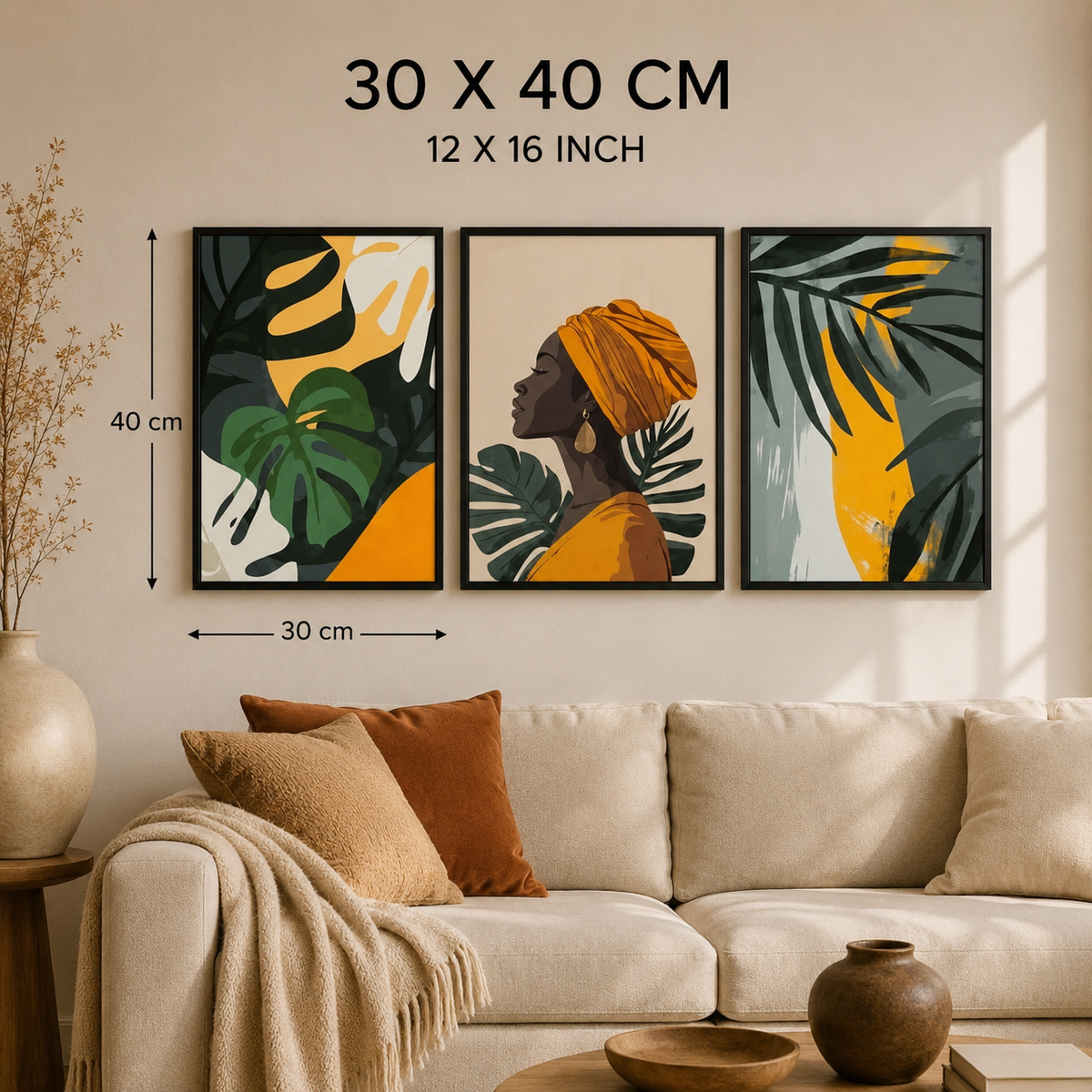 Black Woman & Botanical Wall Art Set of 3 – 30 × 40 cm Framed Prints