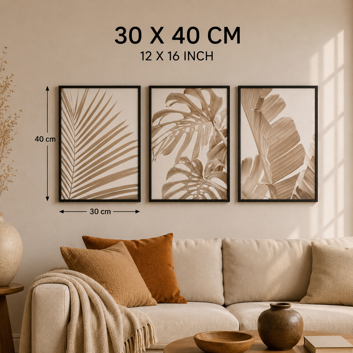 Neutral Botanical Wall Art Set of 3 – Framed Tropical Leaf Prints – 30 × 40 cm Each