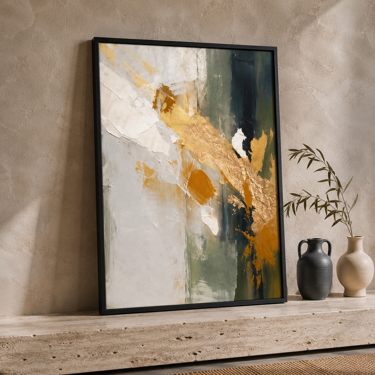 Green & Gold Abstract Wall Art Set of 3 – Framed Modern Canvas Prints, 30 × 40 cm