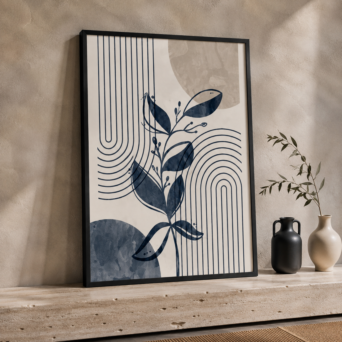 3-Piece Framed Abstract Botanical Wall Art Set – Navy Blue & Beige – 30 × 40 cm