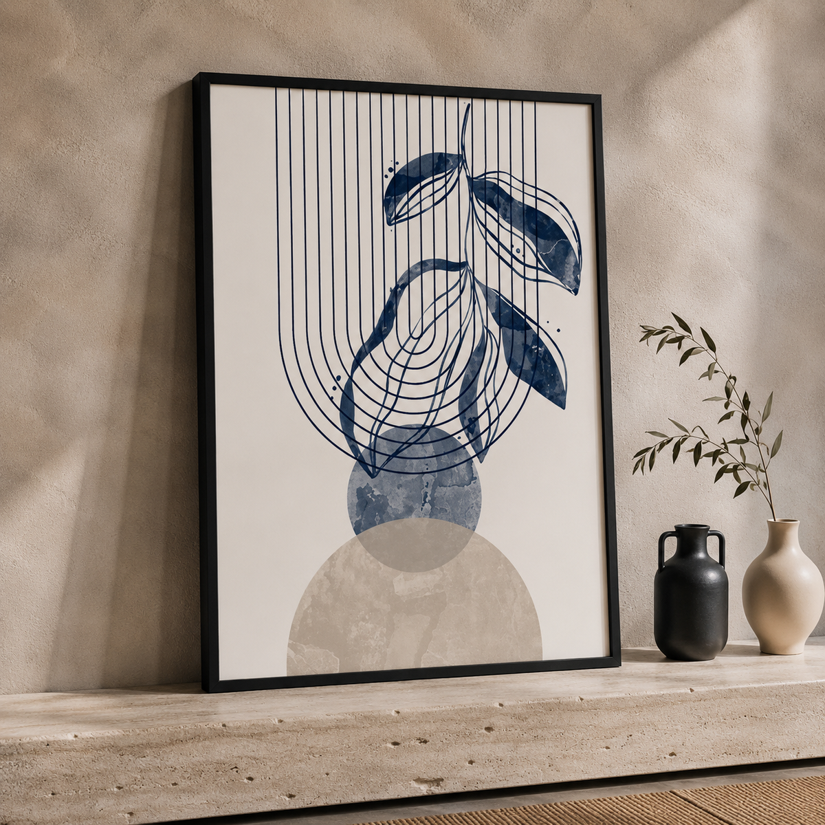 3-Piece Framed Abstract Botanical Wall Art Set – Navy Blue & Beige – 30 × 40 cm