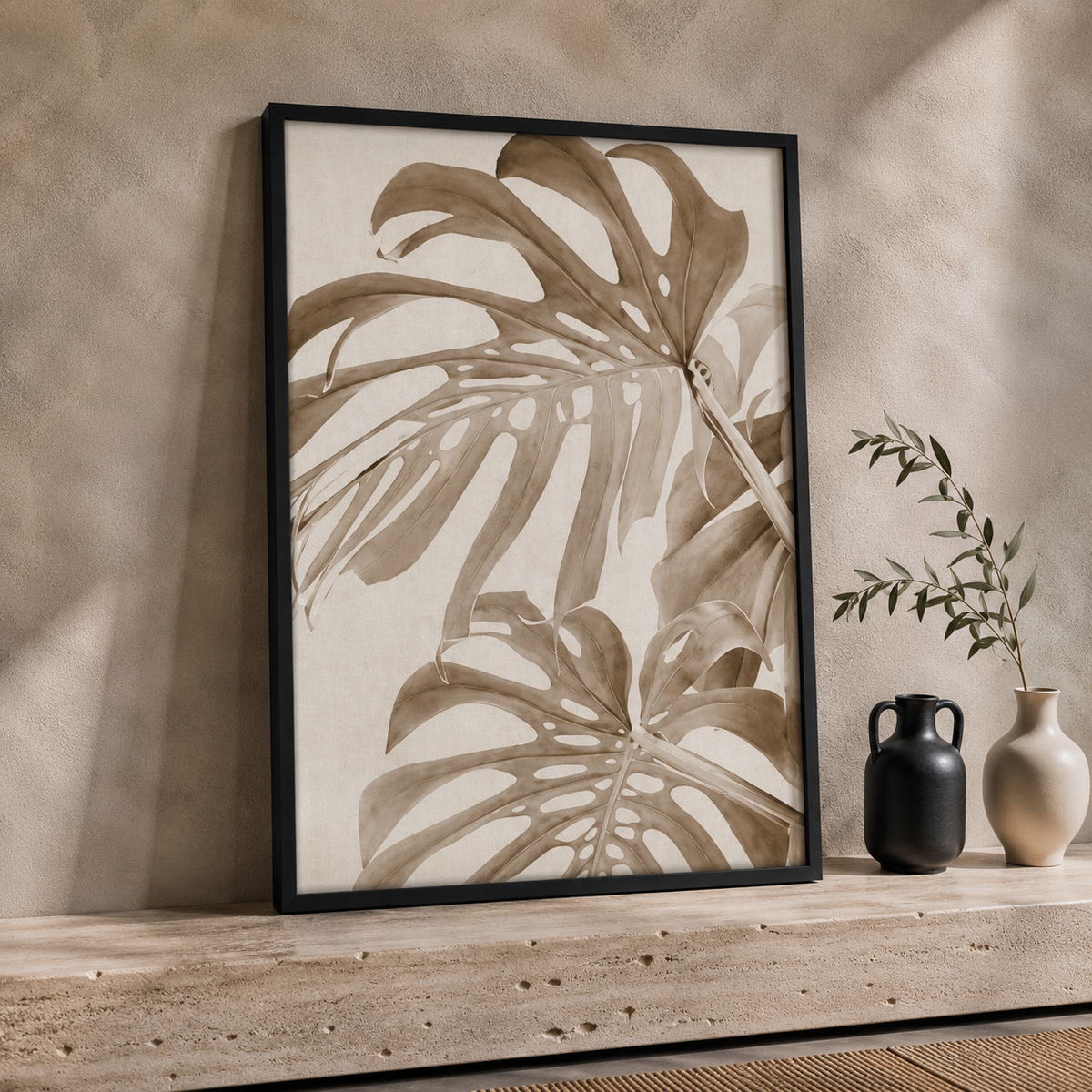 Neutral Botanical Wall Art Set of 3 – Framed Tropical Leaf Prints – 30 × 40 cm Each