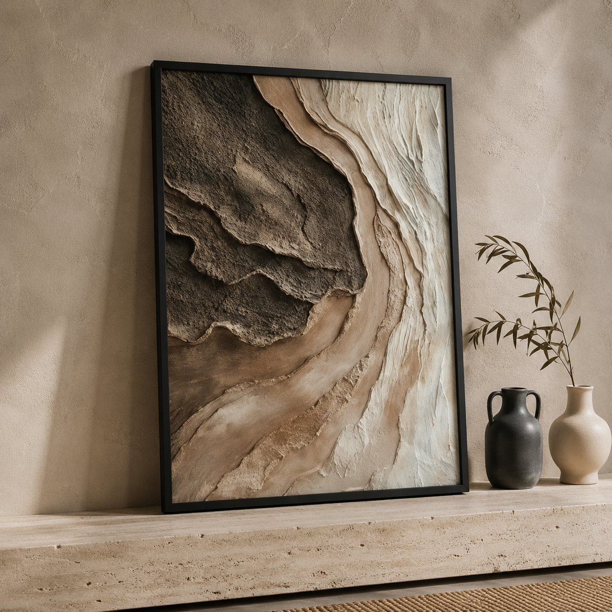 Abstract Neutral Wall Art Set of 3 – Framed Canvas Prints | Organic Earth-Tone Textured Artwork | 30 × 40 cm