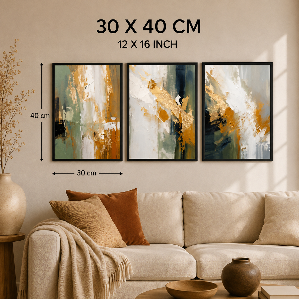 Green & Gold Abstract Wall Art Set of 3 – Framed Modern Canvas Prints, 30 × 40 cm