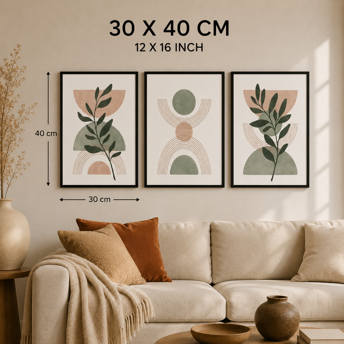 Boho Botanical Wall Art Set of 3 – Framed Canvas Prints | Neutral Beige Abstract Wall Decor | 30 × 40 cm