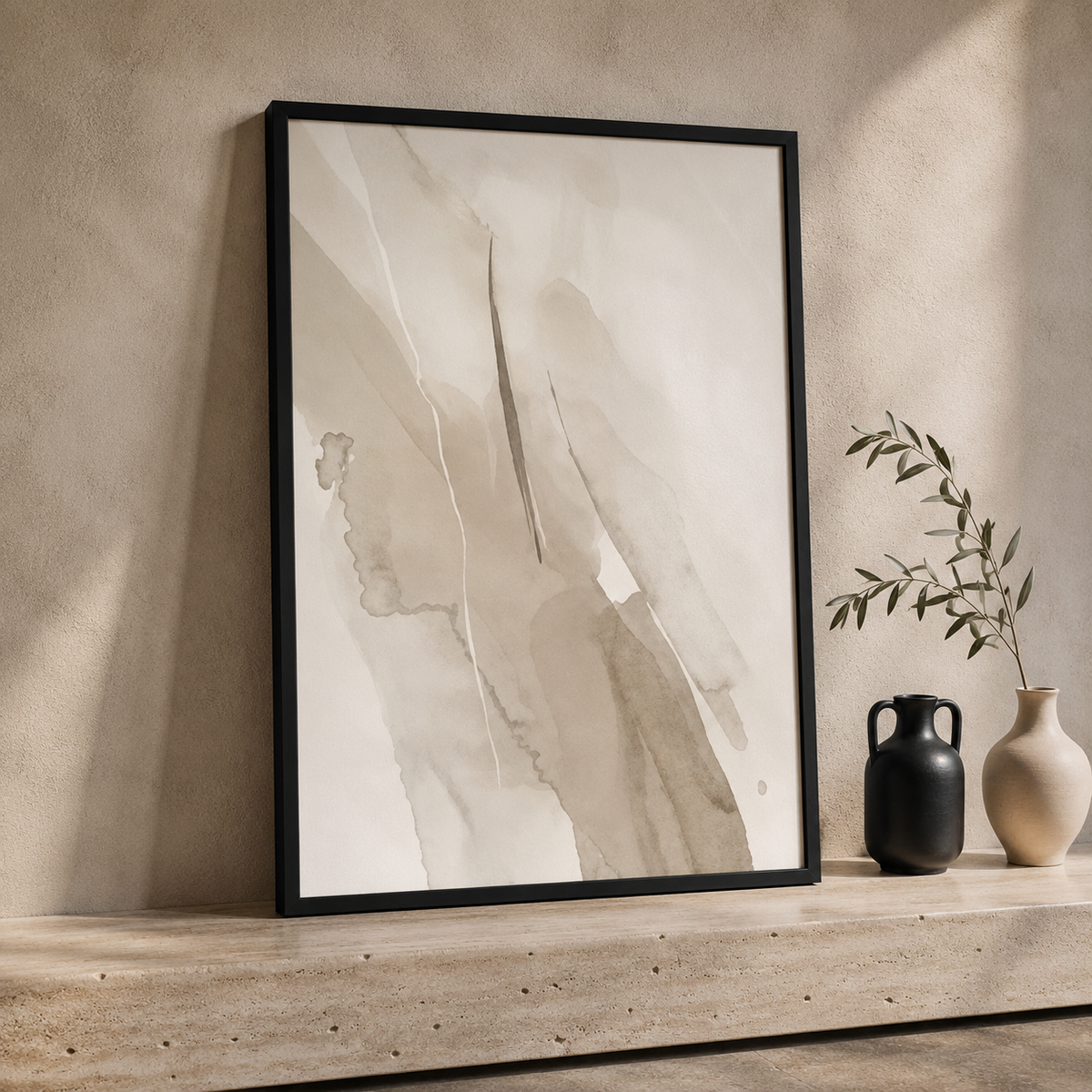 Neutral Abstract Wall Art Set of 3 – Framed Beige Watercolour Prints – 30 × 40 cm Each