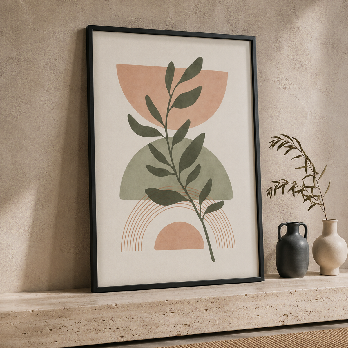 Boho Botanical Wall Art Set of 3 – Framed Canvas Prints | Neutral Beige Abstract Wall Decor | 30 × 40 cm