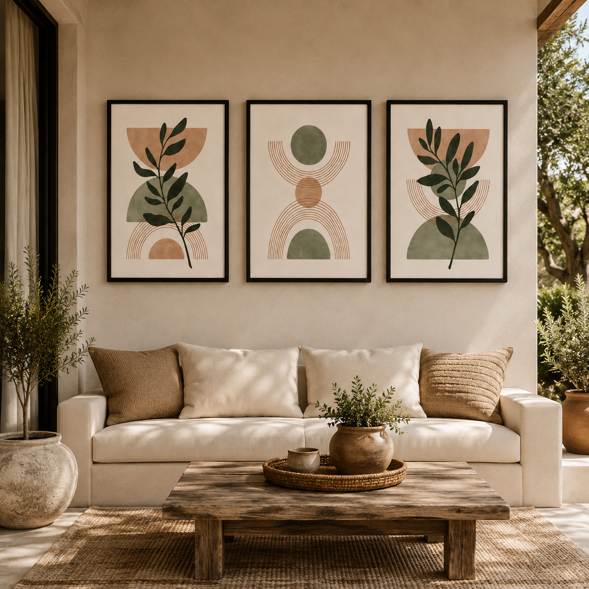Boho Botanical Wall Art Set of 3 – Framed Canvas Prints | Neutral Beige Abstract Wall Decor | 30 × 40 cm