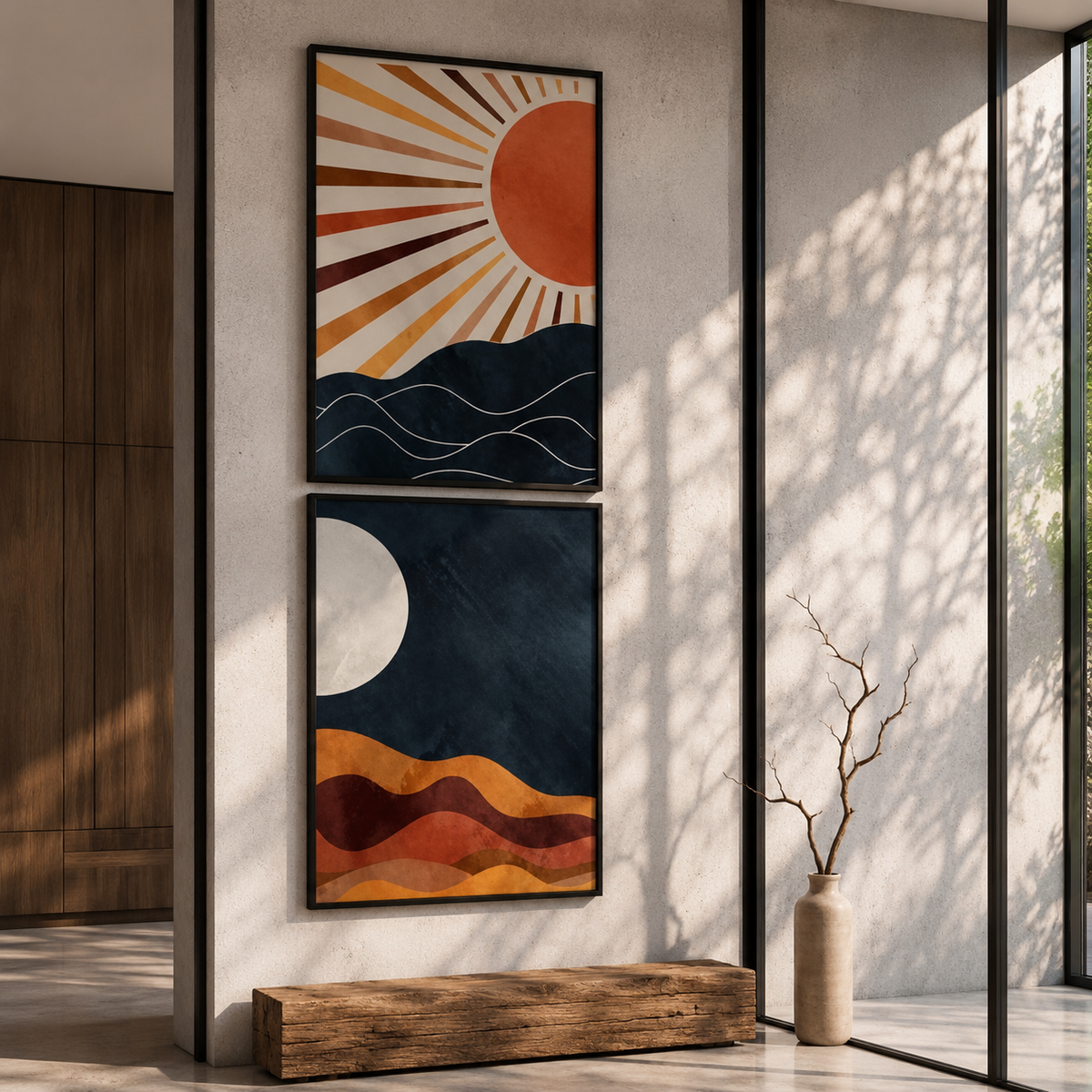 Abstract Sun & Moon Wall Art Set of 2 – 30 × 40 cm Each
