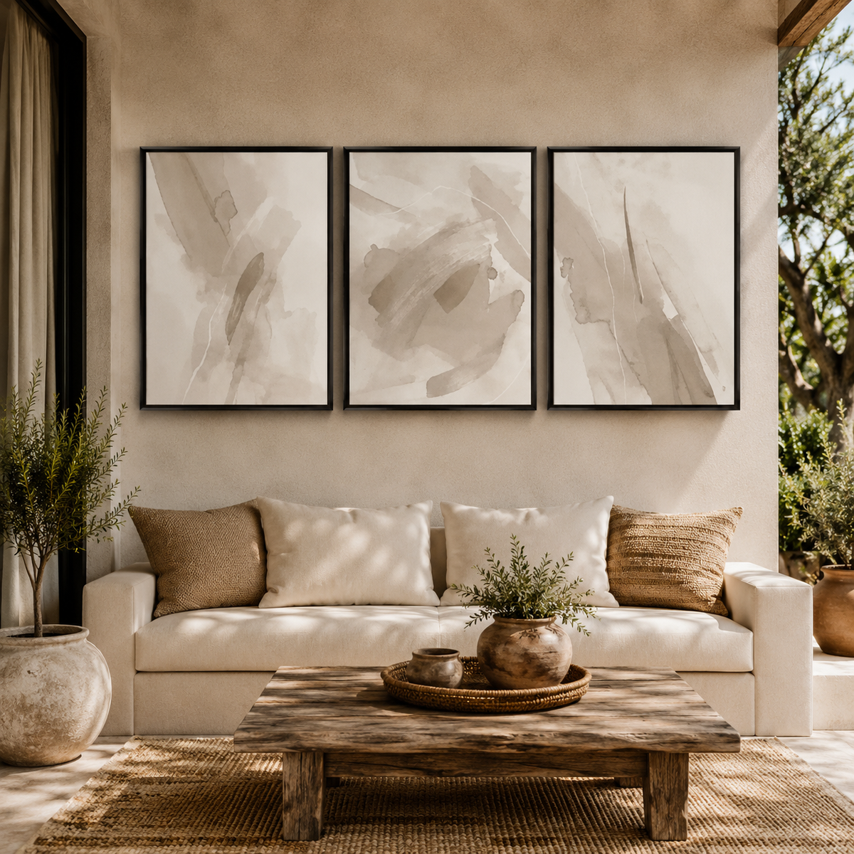 Neutral Abstract Wall Art Set of 3 – Framed Beige Watercolour Prints – 30 × 40 cm Each