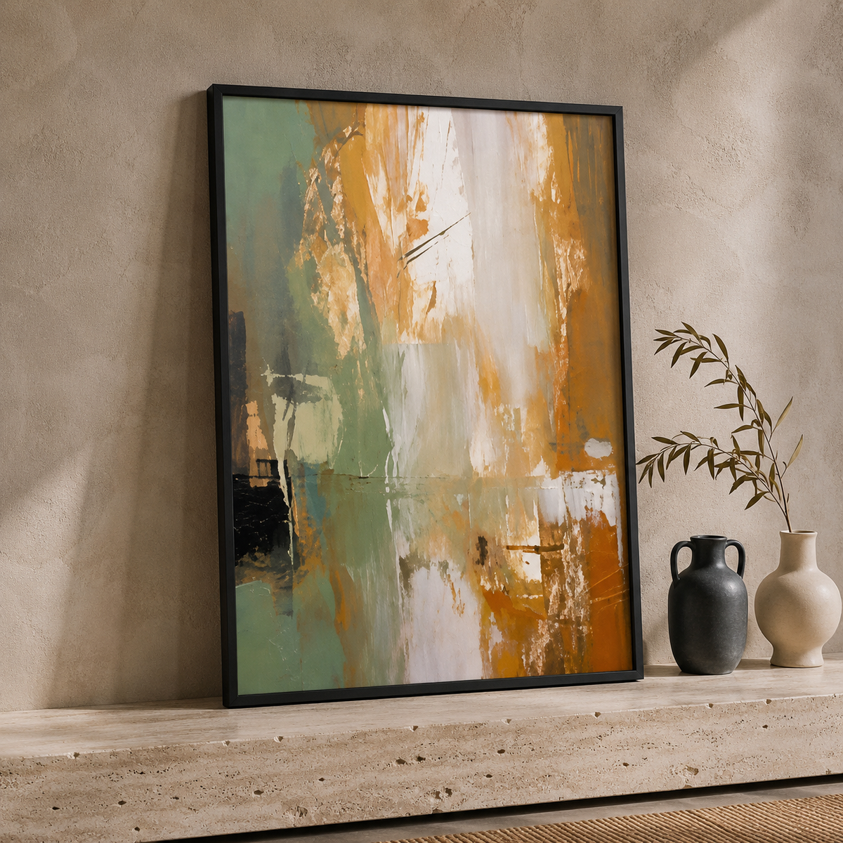 Green & Gold Abstract Wall Art Set of 3 – Framed Modern Canvas Prints, 30 × 40 cm