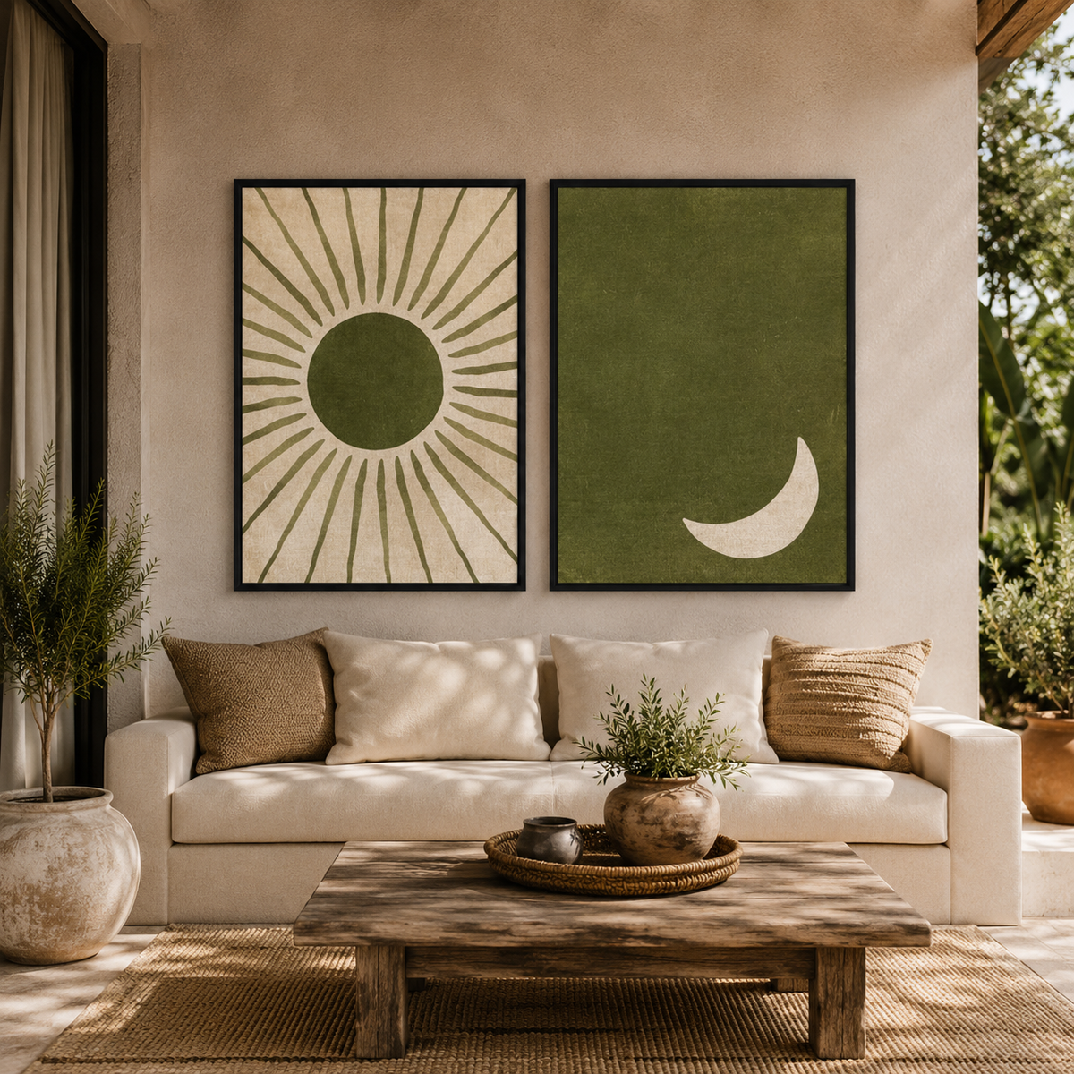 Sun & Moon Wall Art Set of 2 – 30 × 40 cm Each – Olive Green Framed Prints