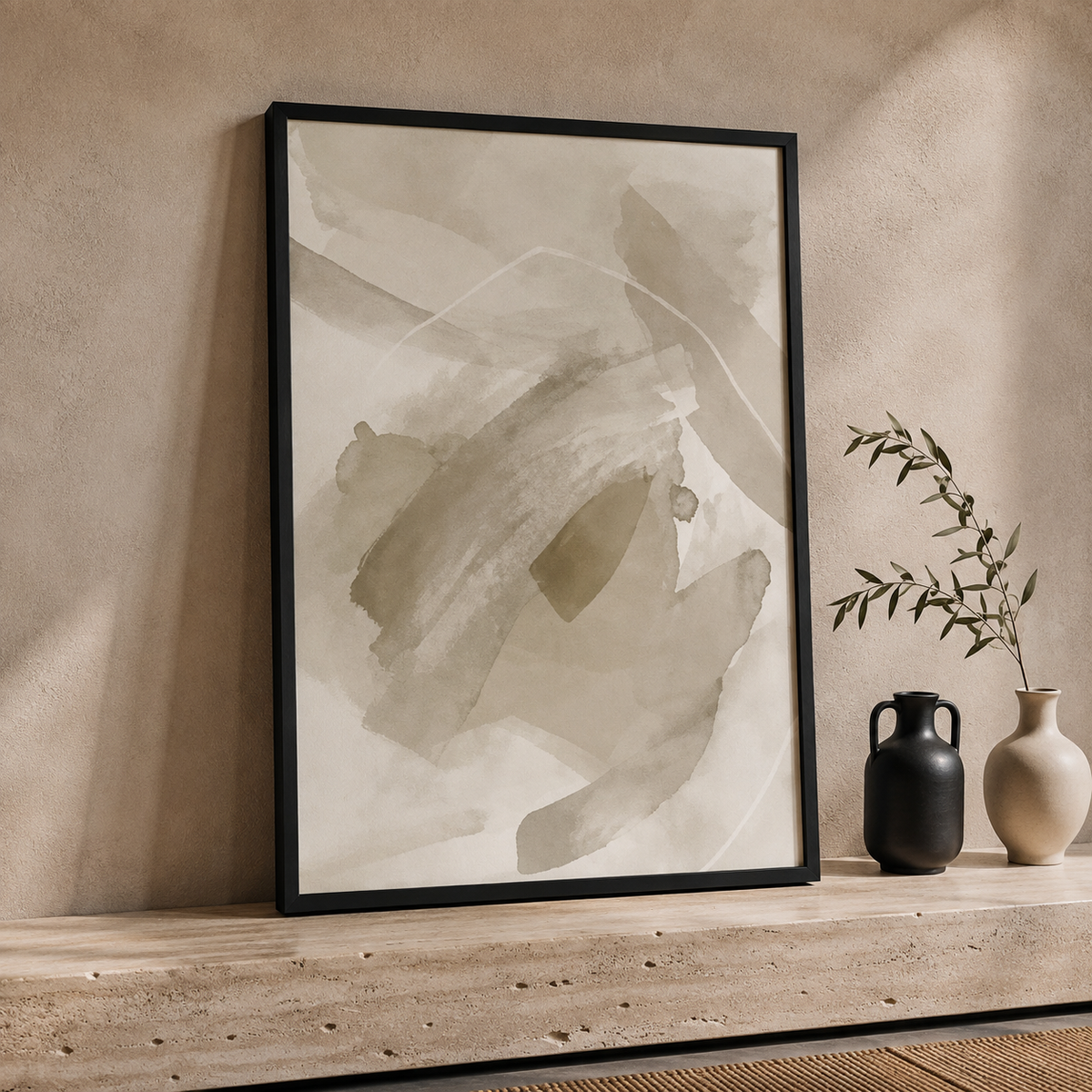 Neutral Abstract Wall Art Set of 3 – Framed Beige Watercolour Prints – 30 × 40 cm Each