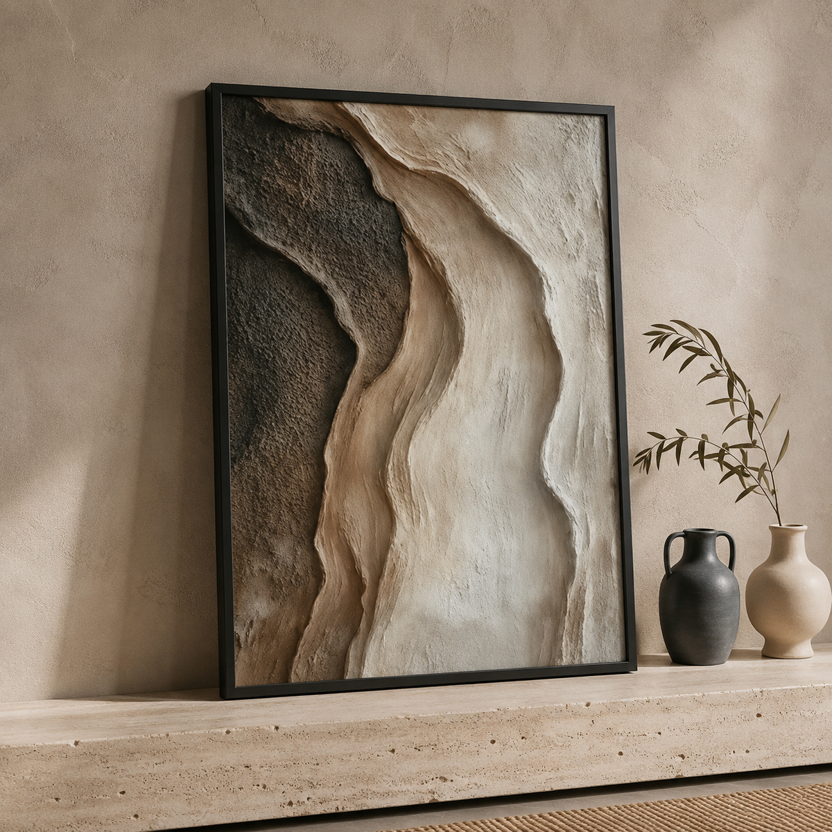 Abstract Neutral Wall Art Set of 3 – Framed Canvas Prints | Organic Earth-Tone Textured Artwork | 30 × 40 cm