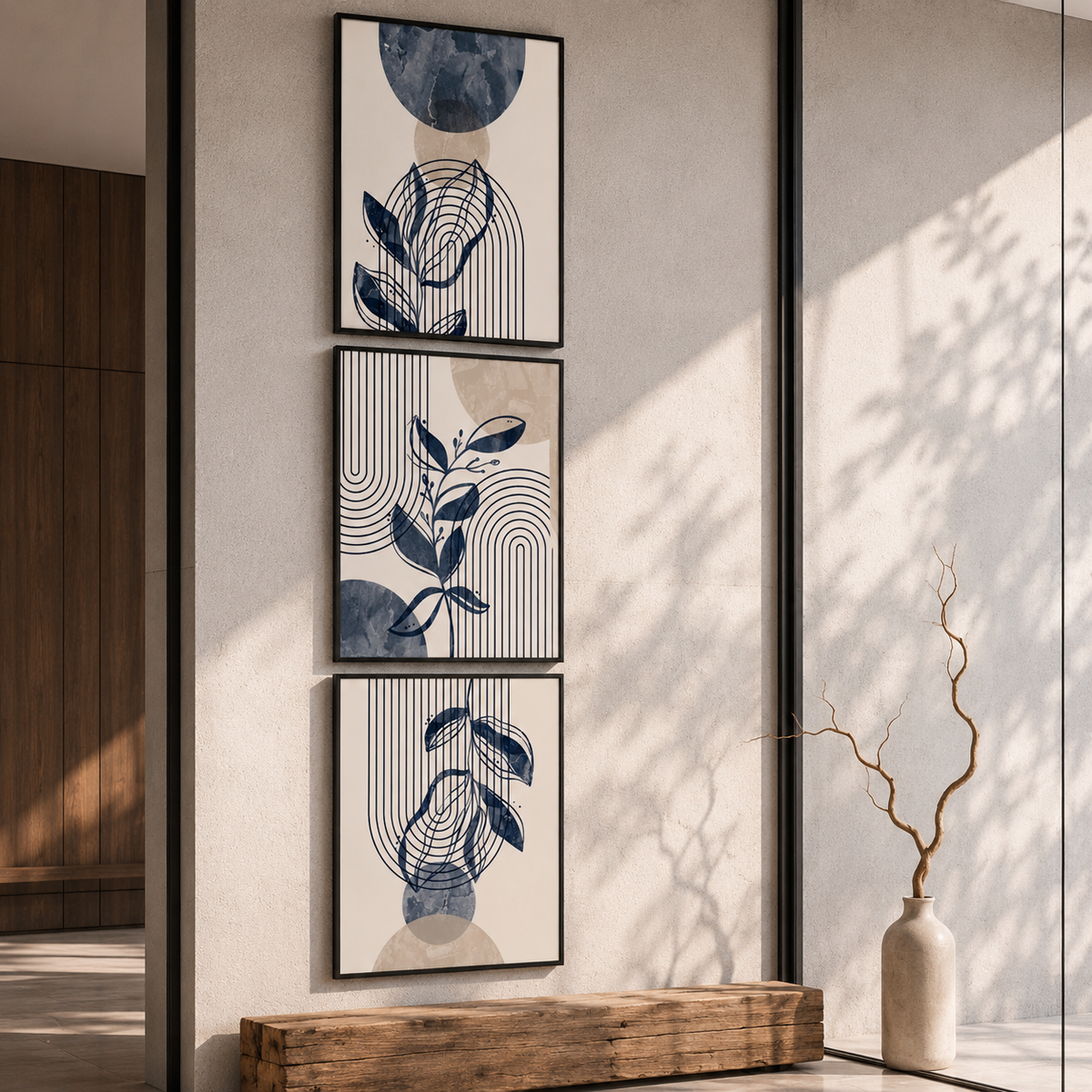3-Piece Framed Abstract Botanical Wall Art Set – Navy Blue & Beige – 30 × 40 cm