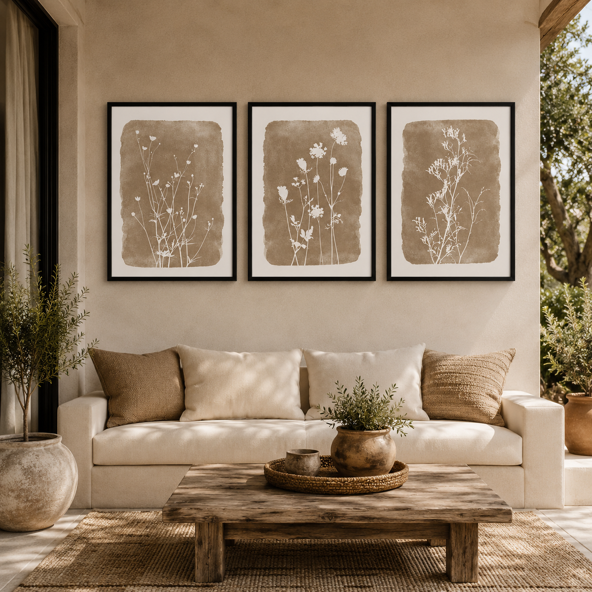 3-Piece Botanical Wall Art Set 30×40 cm – Neutral Beige Floral Prints