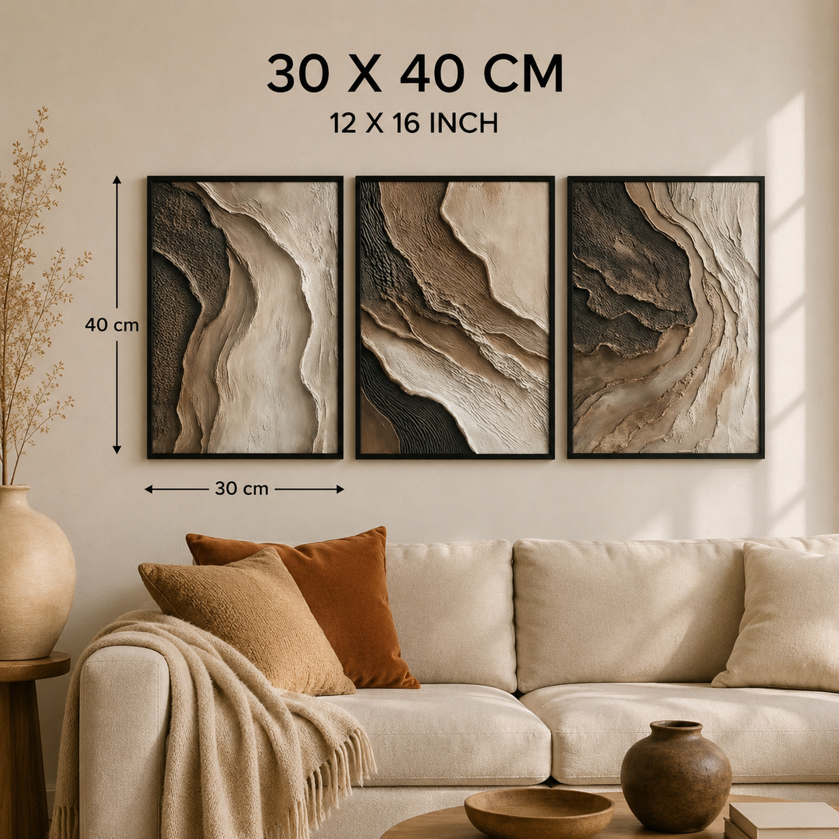 Abstract Neutral Wall Art Set of 3 – Framed Canvas Prints | Organic Earth-Tone Textured Artwork | 30 × 40 cm