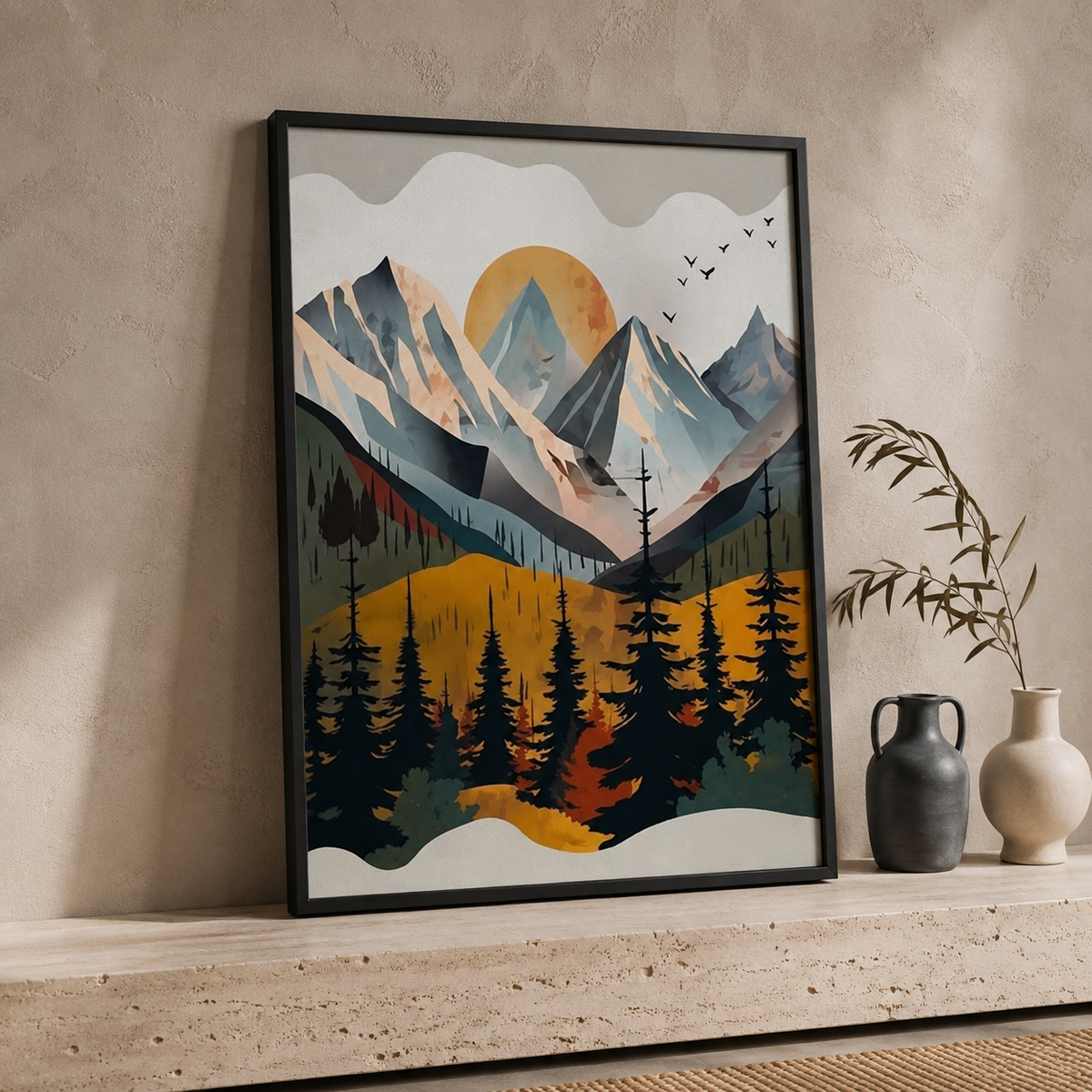 Mountain Sunset Forest Wall Art | Framed Canvas Print | 30 × 40 cm