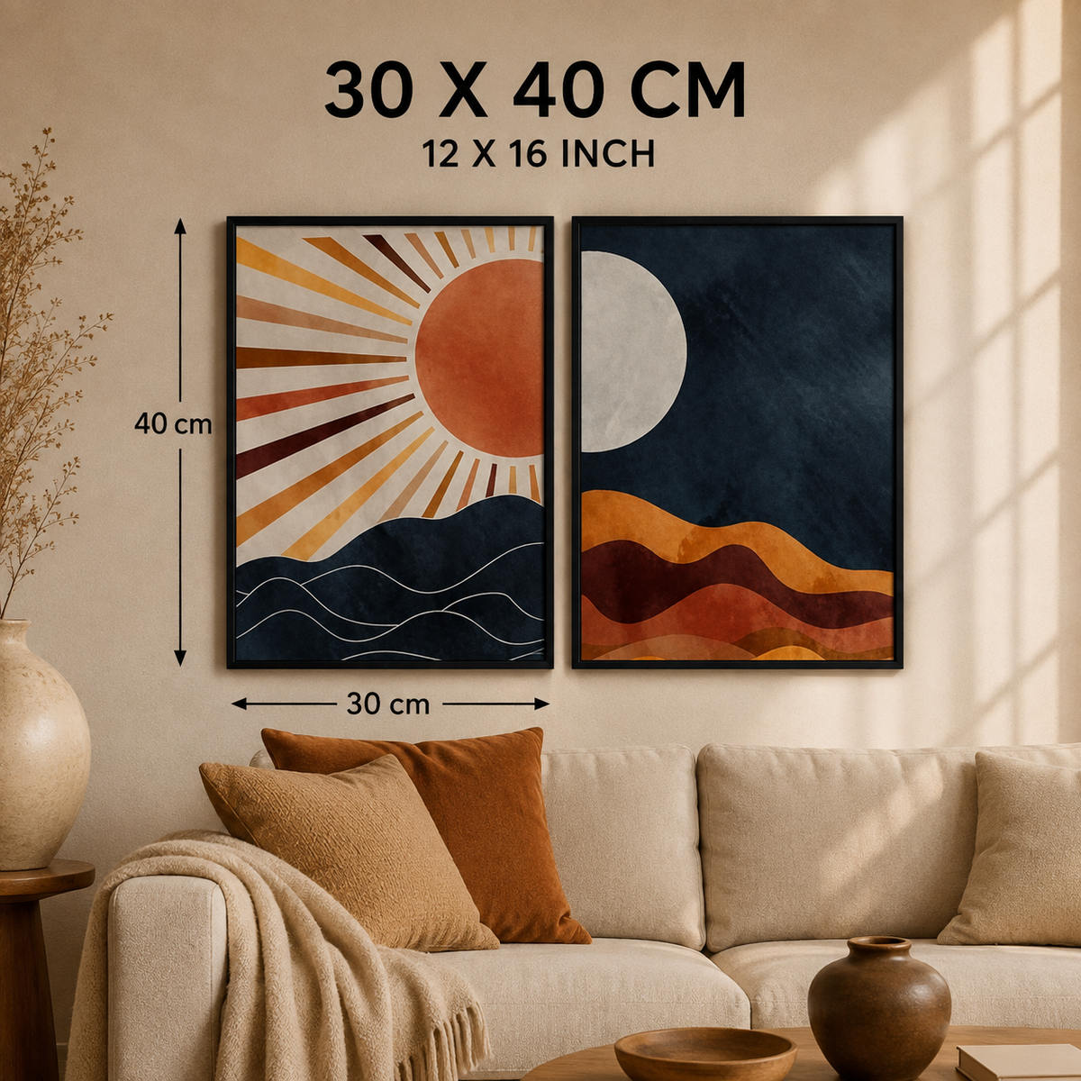 Abstract Sun & Moon Wall Art Set of 2 – 30 × 40 cm Each