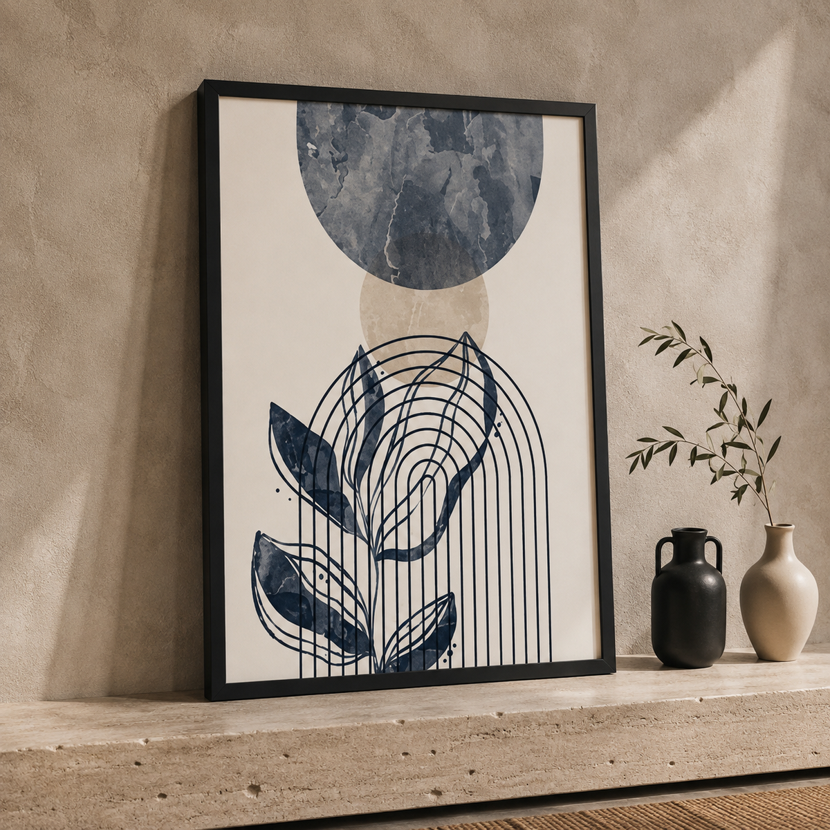 3-Piece Framed Abstract Botanical Wall Art Set – Navy Blue & Beige – 30 × 40 cm