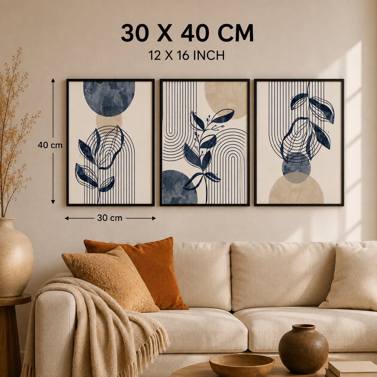 3-Piece Framed Abstract Botanical Wall Art Set – Navy Blue & Beige – 30 × 40 cm