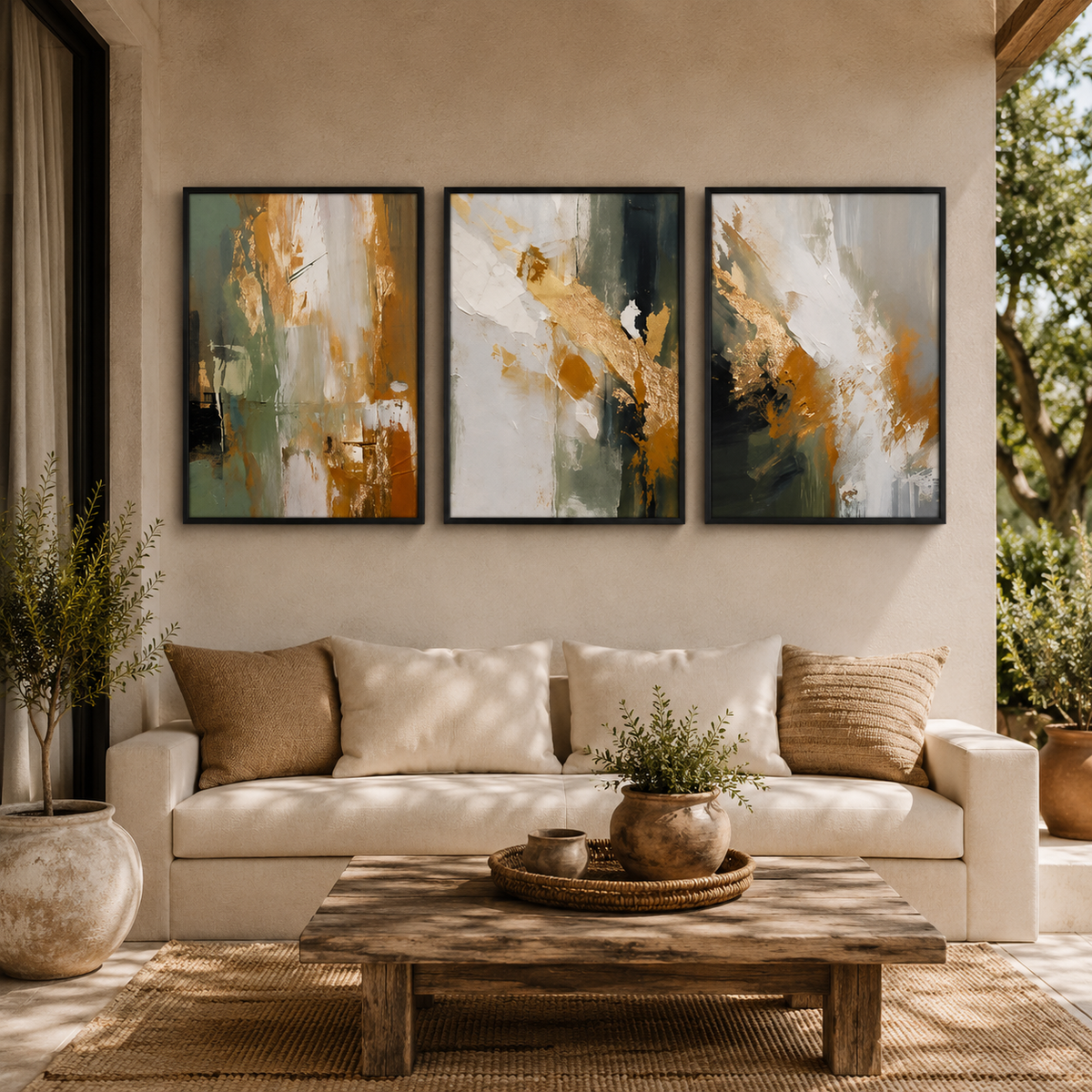 Green & Gold Abstract Wall Art Set of 3 – Framed Modern Canvas Prints, 30 × 40 cm