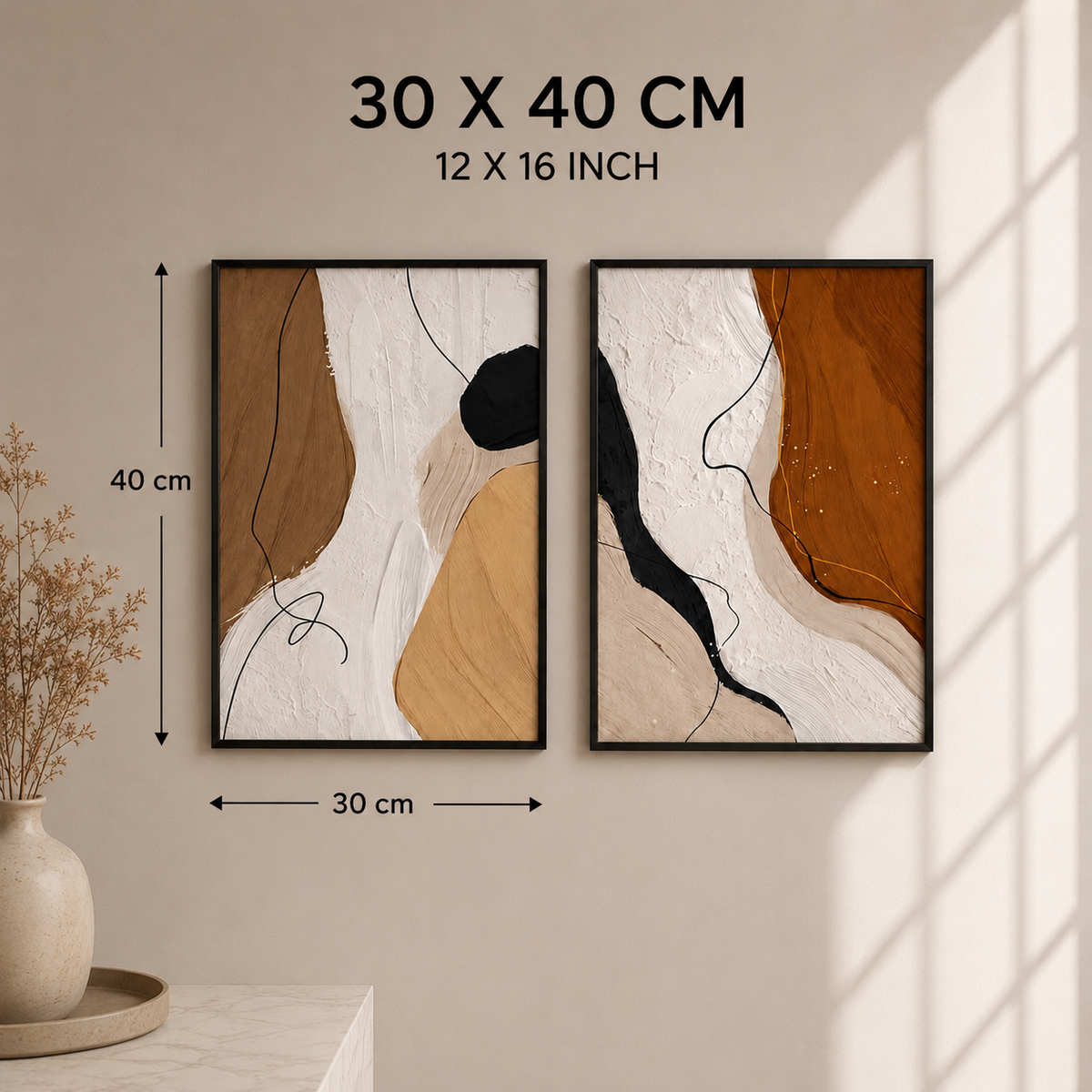 Modern Abstract Wall Art Set of 2 – 30 × 40 cm Each – Neutral Framed Prints