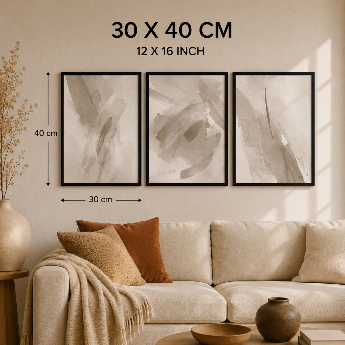 Neutral Abstract Wall Art Set of 3 – Framed Beige Watercolour Prints – 30 × 40 cm Each