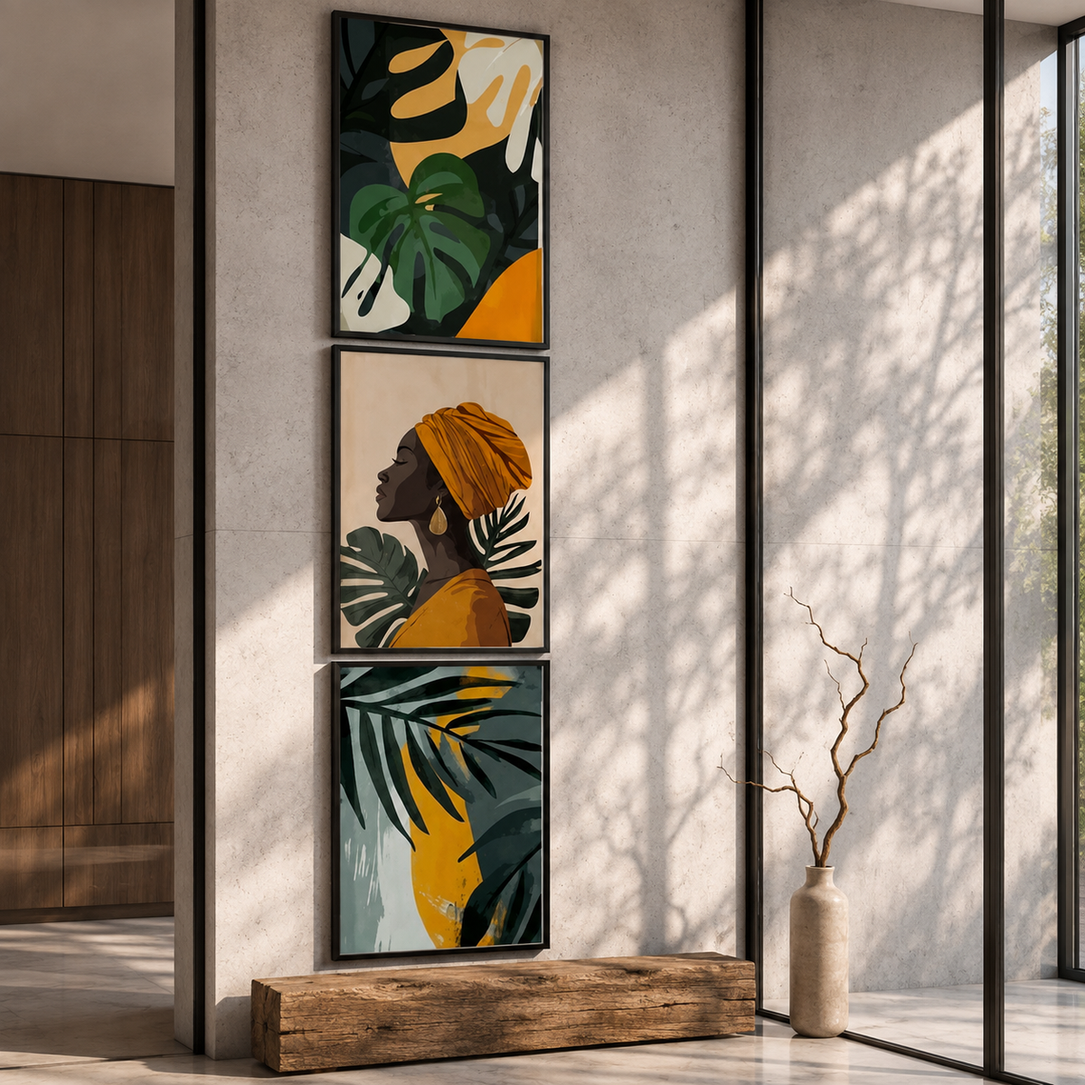 Black Woman & Botanical Wall Art Set of 3 – 30 × 40 cm Framed Prints